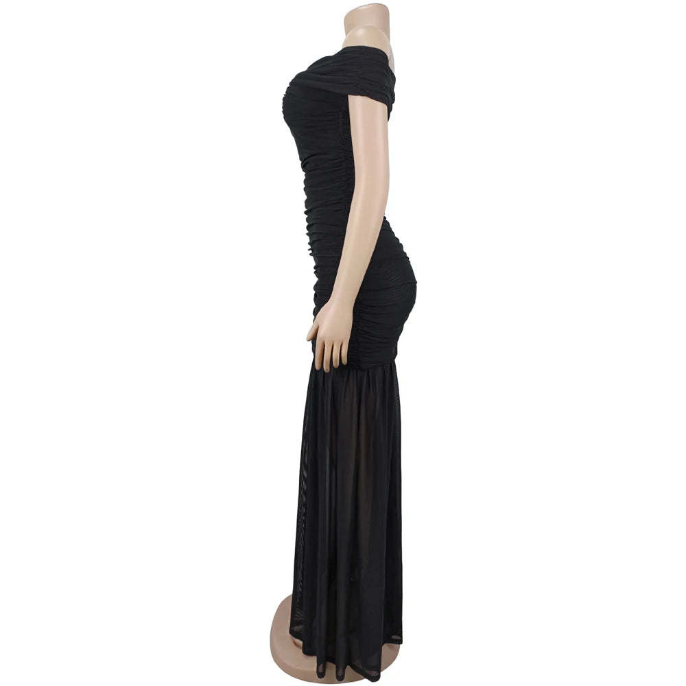 Dresses for Woman 2026 Elegant Sexy Off Shoulder Ruched Cinched Waist Evening Party Mesh Maxi Long Dress Slim Fit Fishtail Gown
