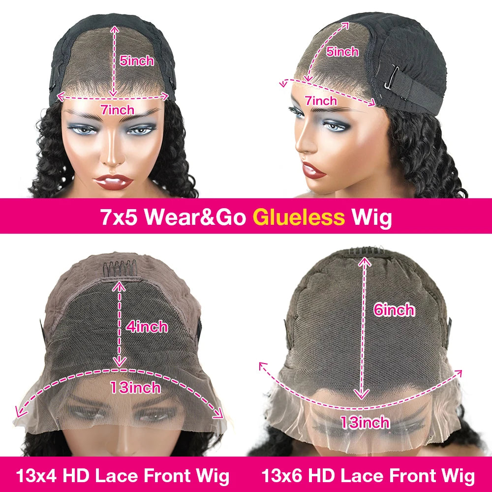 Water Wave Glueless Wig Curly Lace Front Human Hair Wigs Deep Wave 13x6 HD Lace Frontal Wig Wear Go 7x5 HD Lace Closure Wig