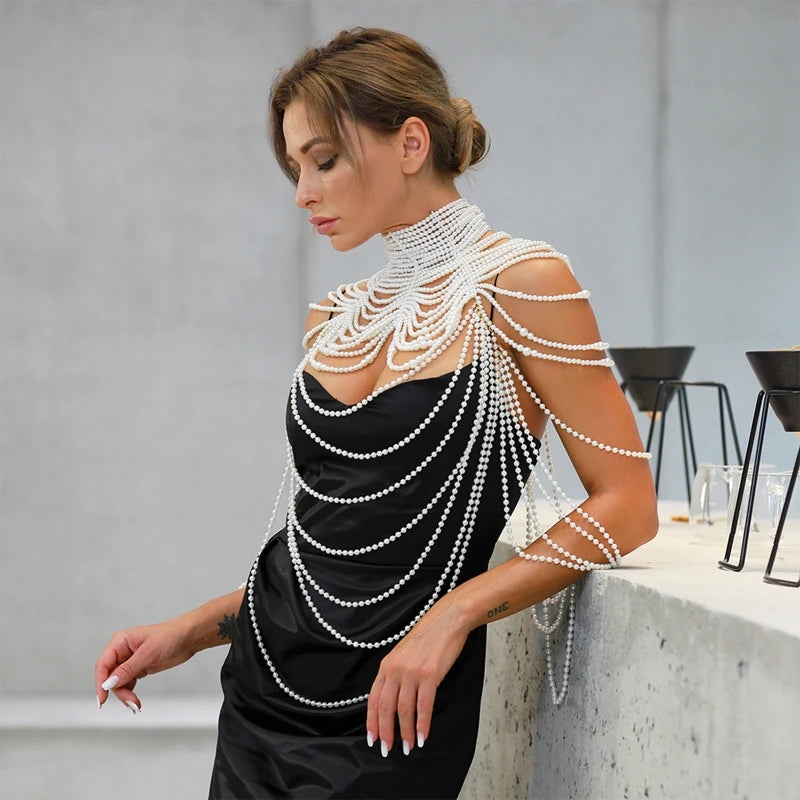 Women Body Chain Sexy Pearl Body Bra Chain Lingerie Festival Outfit Women Waist Chain Rave Festival Accessories Summer Bikin