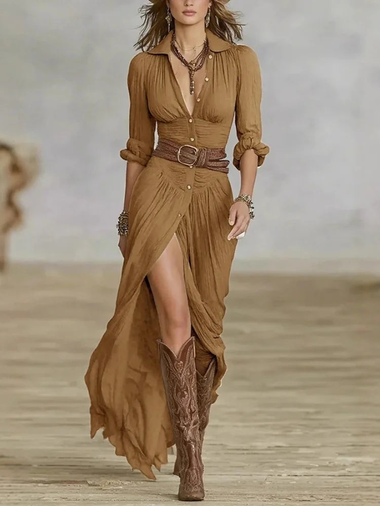 Woman Dresses 2025 French Retro V Neck Belted Slim Pleated Long Dress Autumn Single Breasted Long Sleeve Slit Bohemian Dress