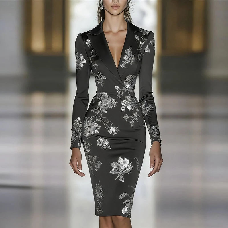 Woman Clothes Dresses 2025 Spring Floral Print Bodycon Elegant Evening Dress Autumn Long Sleeve Turn-down Collar Commute Dresses