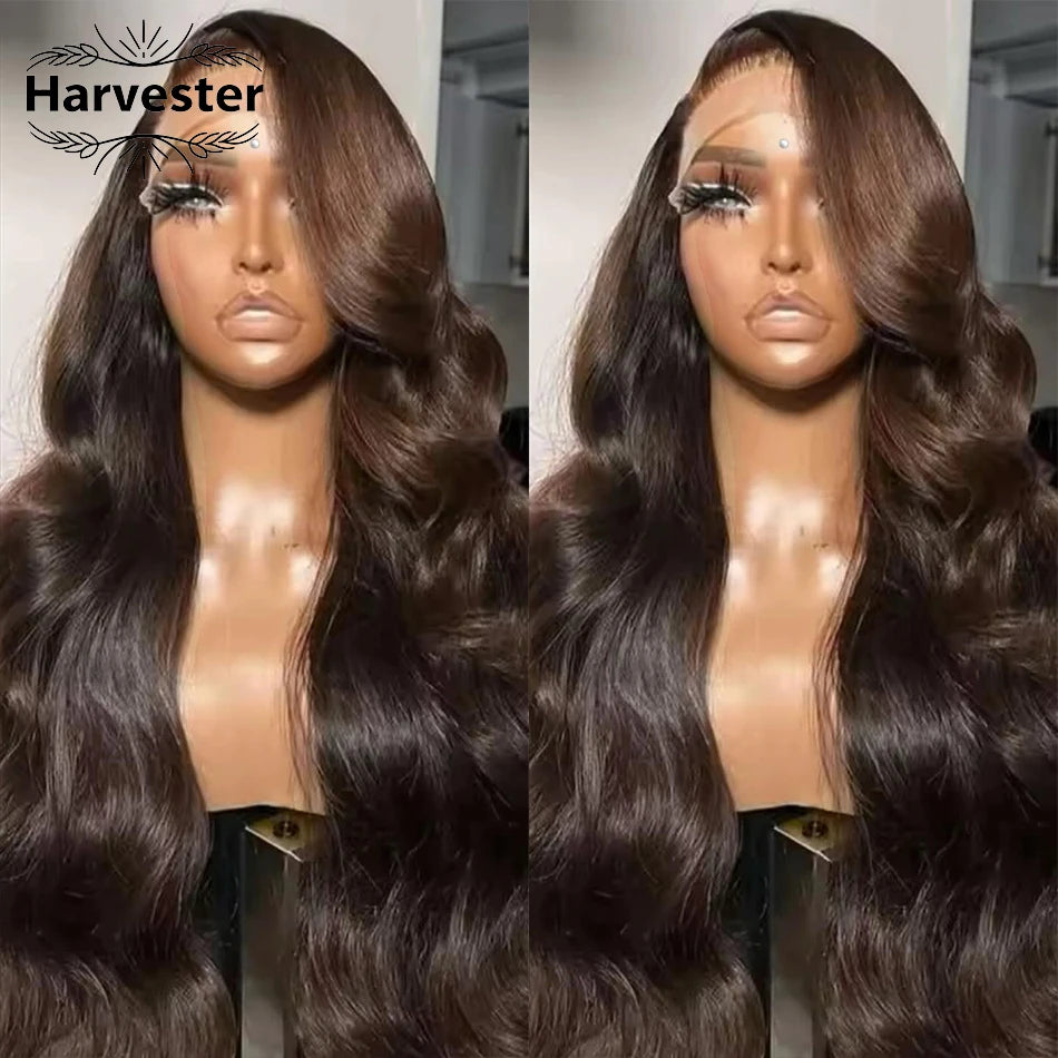 Chocolate Brown Body Wave Lace Front Wigs Human Hair Frontal Lace Wigs 200 Density 30 Inch 13x6 HD Transparent Lace Human Wigs