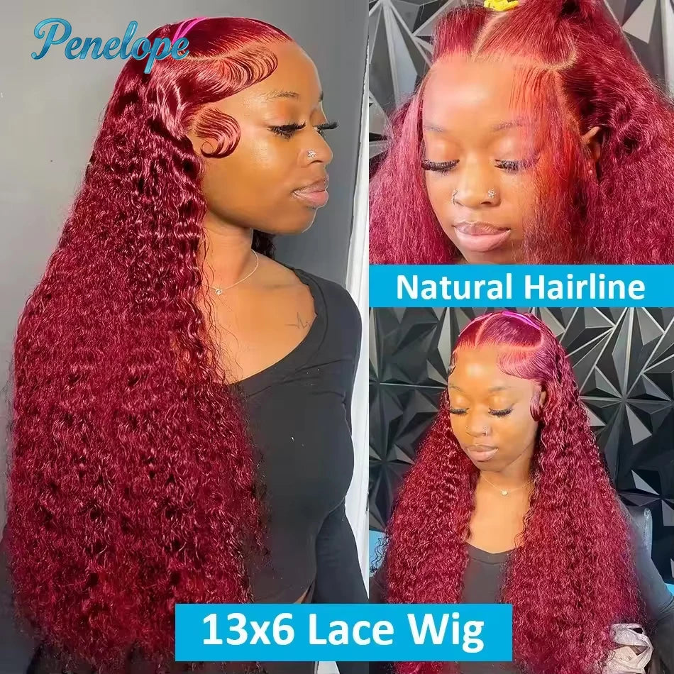 200% Density 99J 13x4 HD Lace Front Human Hair Wigs Burgundy 30 40 Inch Deep Wave Curly Glueless Lace Frontal Closure Wigs