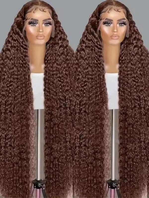 200% Chocolate Brown Deep Wave Human Hair Wig 30 34Inch Transparent Lace Frontal Wigs For Women 13x4 Lace Front  Curly Wigs
