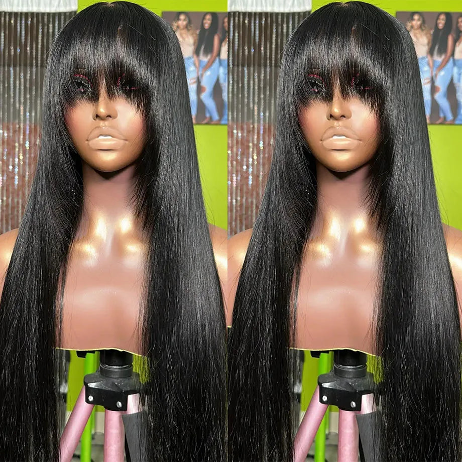 Straight Human Hair With Bangs Brazilian Glueless Wigs Human Hair Ready To Wear 30 32 Inch 3x1 Hd Lace Glueless Wig For Woman
