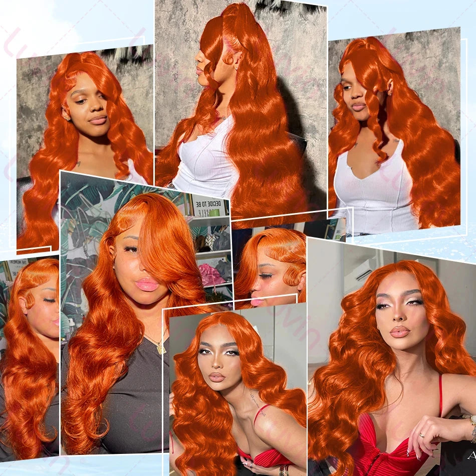 32 34 Inches 200% Ginger Orange Colored Body Wave 13x4 Transparent Lace Frontal Human Hair Wigs 200% Brazilian Pre Plucked