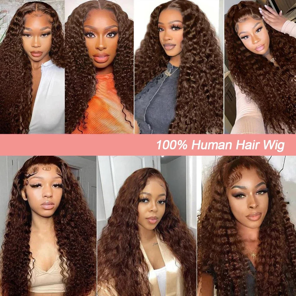200% Chocolate Brown Deep Wave Human Hair Wig 30 34Inch Transparent Lace Frontal Wigs For Women 13x4 Lace Front  Curly Wigs
