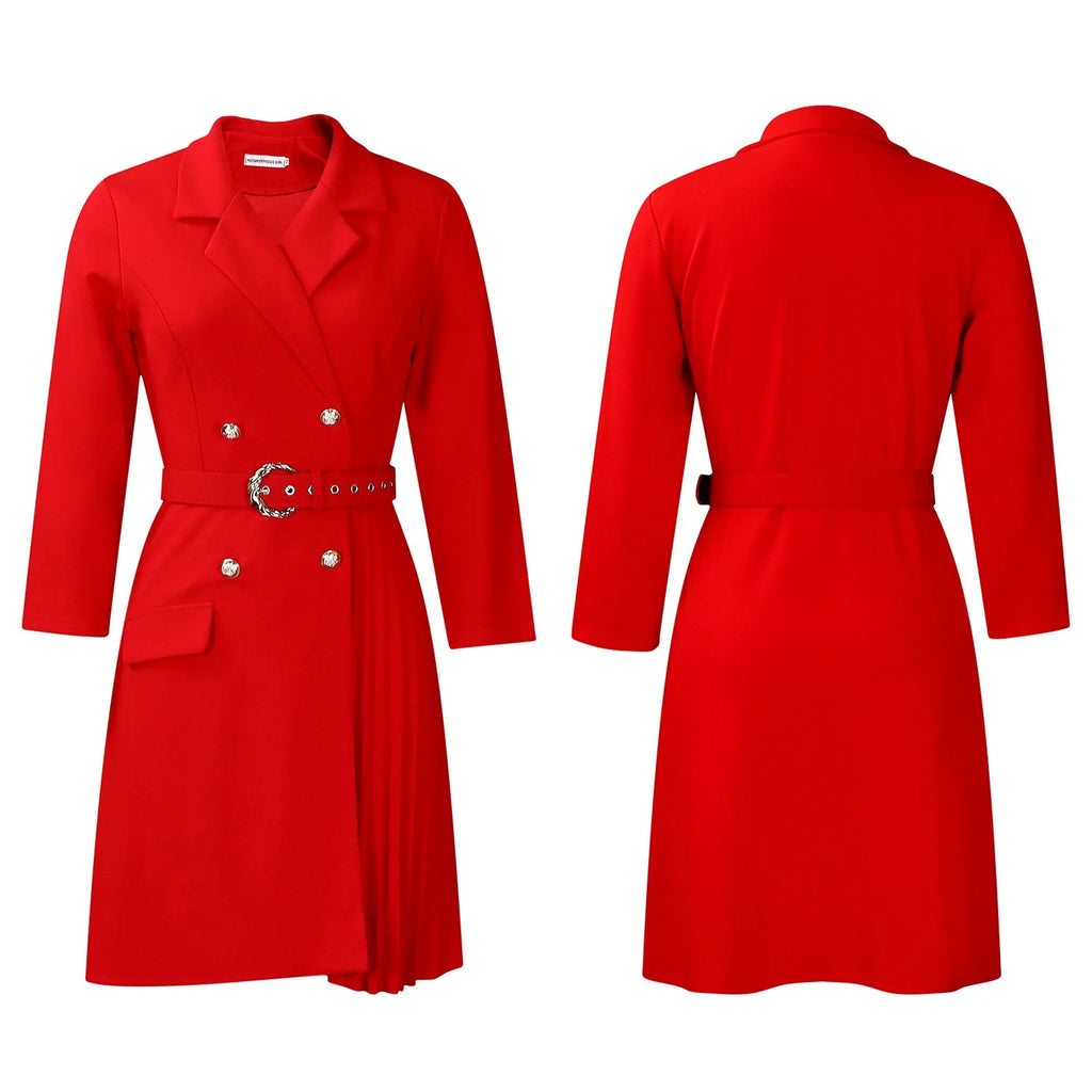 Elegant Dresses for Woman 2024 Autumn Winter New Trends Notched Collar Full Sleeve Sashes Pleated Mid Calf Solid Fashion Dress