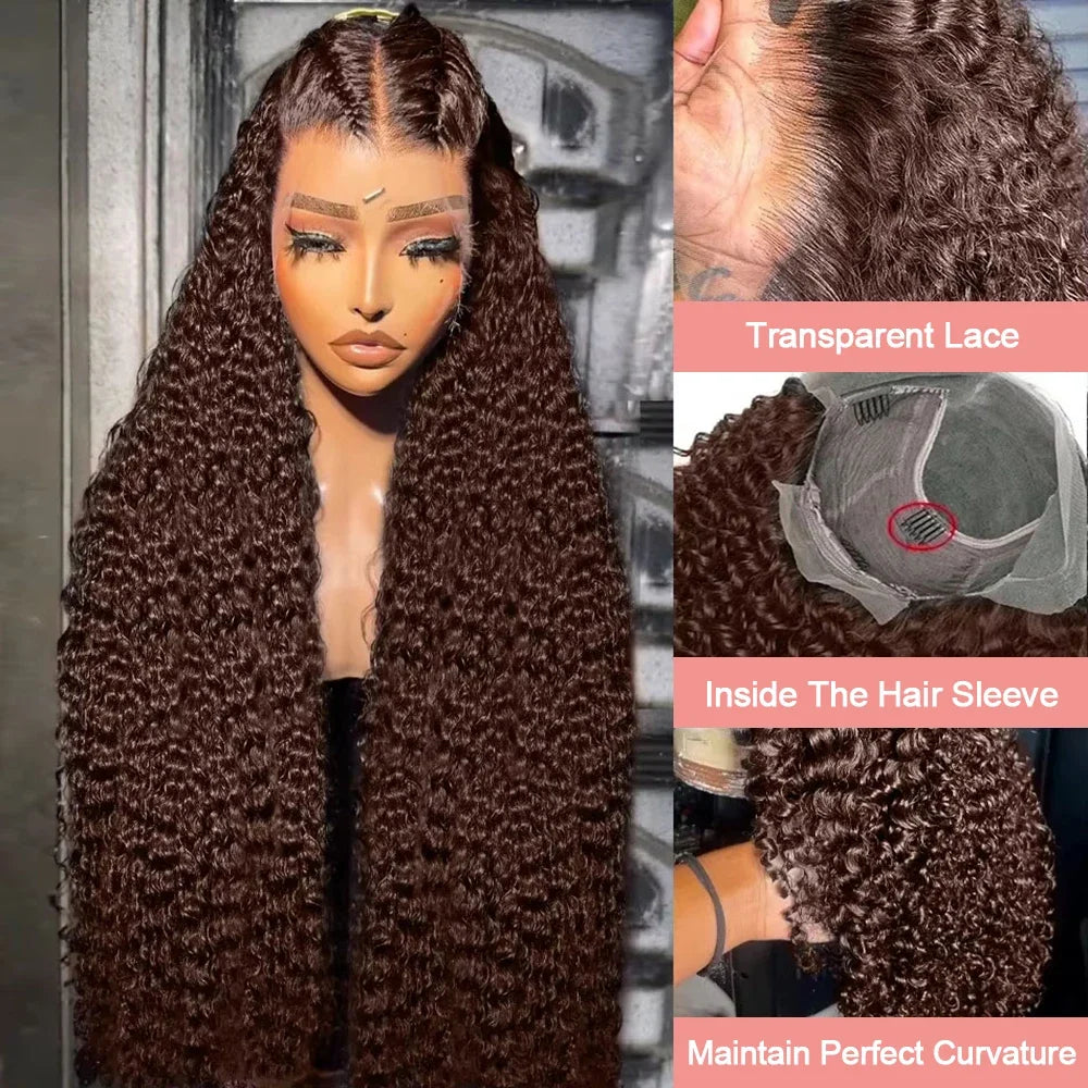 200% Chocolate Brown Deep Wave Human Hair Wig 30 34Inch Transparent Lace Frontal Wigs For Women 13x4 Lace Front  Curly Wigs