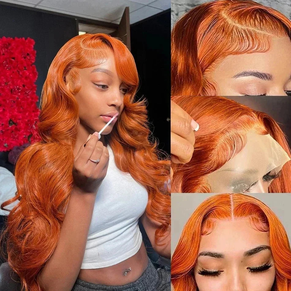 32 34 Inches 200% Ginger Orange Colored Body Wave 13x4 Transparent Lace Frontal Human Hair Wigs 200% Brazilian Pre Plucked
