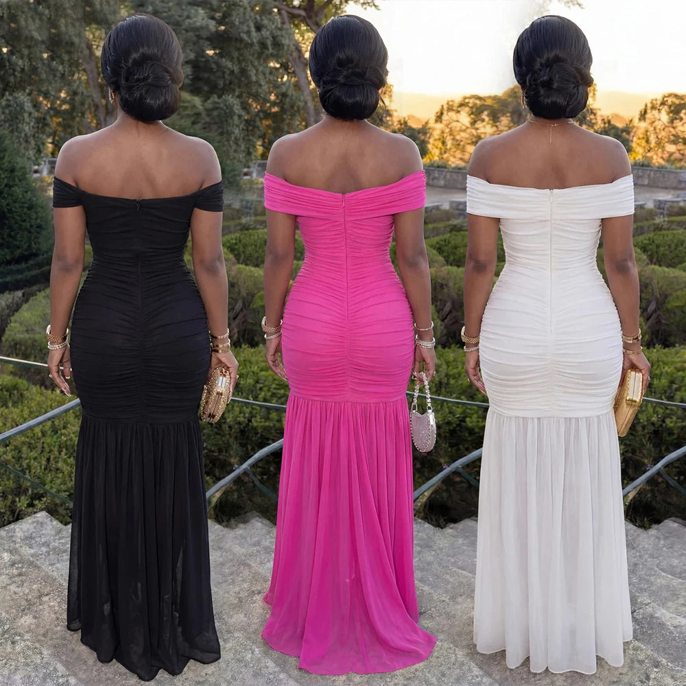 Dresses for Woman 2026 Elegant Sexy Off Shoulder Ruched Cinched Waist Evening Party Mesh Maxi Long Dress Slim Fit Fishtail Gown