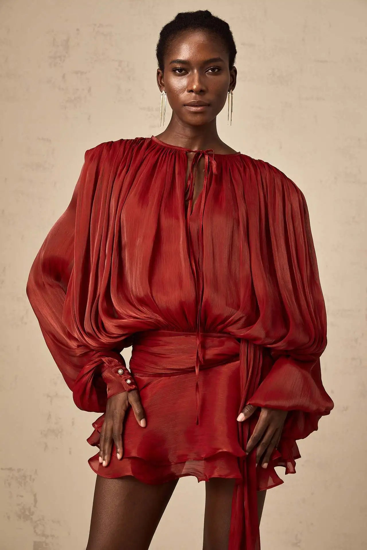 Dresses For Woman French Vestidos Elegant Puff Sleeve Dress Fashionable Loose Lace-up Solid Color Leace-up Simple Style Trendy