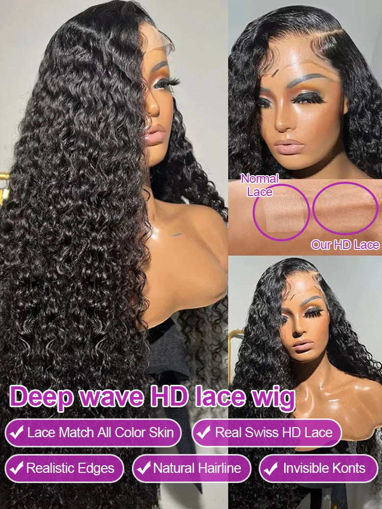 300% 13x6 Hd Transparent Deep Wave Frontal Wigs Brazilian 40 46 Inch 13x4 360 Water Curly Lace Front Human Hair Wigs For Women