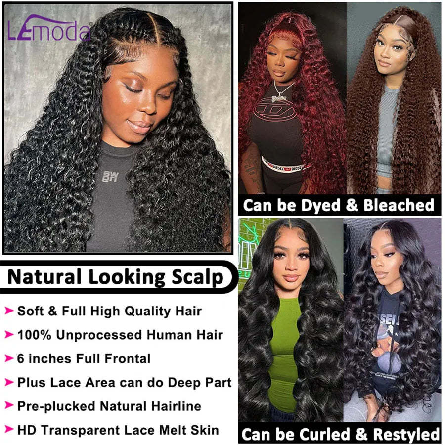 Lemoda 12A 13x6 Full Frontal Lace Wig Water Wave Virgin Human Hair Wig 13x6 HD Lace Front Wigs For Women 180 Density Pre Plucked