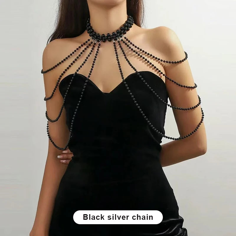 Sexy Hot Girl Body Chain Waist Chain Women's Fashion Show Imitation Pearl Shoulder Chain Bustier Chain Clothing Chain