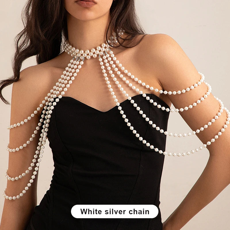 Sexy Hot Girl Body Chain Waist Chain Women's Fashion Show Imitation Pearl Shoulder Chain Bustier Chain Clothing Chain