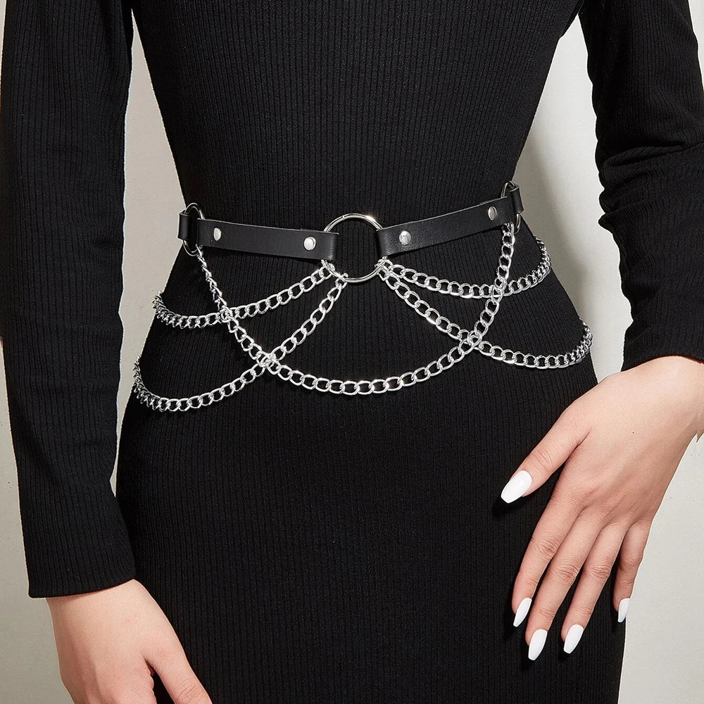Women Sexy Body Chain PU Harness Waist Chain Accessories Adjustable Chain Belly Belt Gothic Body Chain Festival Girls Jewelry