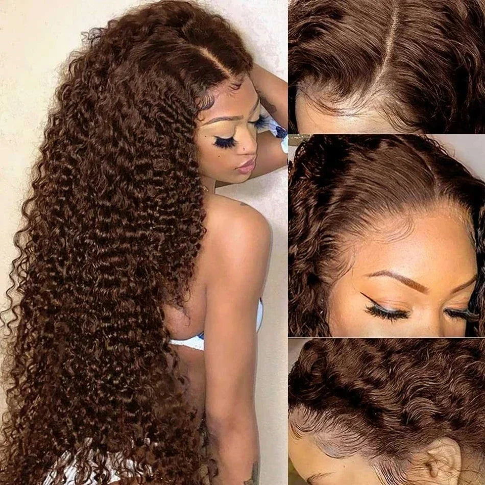 200% Chocolate Brown Deep Wave Human Hair Wig 30 34Inch Transparent Lace Frontal Wigs For Women 13x4 Lace Front  Curly Wigs