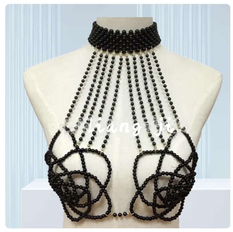Women Body Chain Sexy Pearl Body Bra Chain Lingerie Festival Outfit Women Waist Chain Rave Festival Accessories Summer Bikin