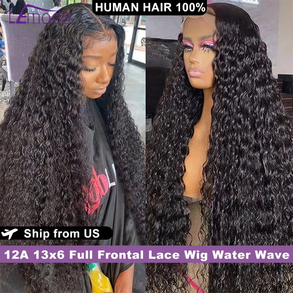Lemoda 12A 13x6 Full Frontal Lace Wig Water Wave Virgin Human Hair Wig 13x6 HD Lace Front Wigs For Women 180 Density Pre Plucked