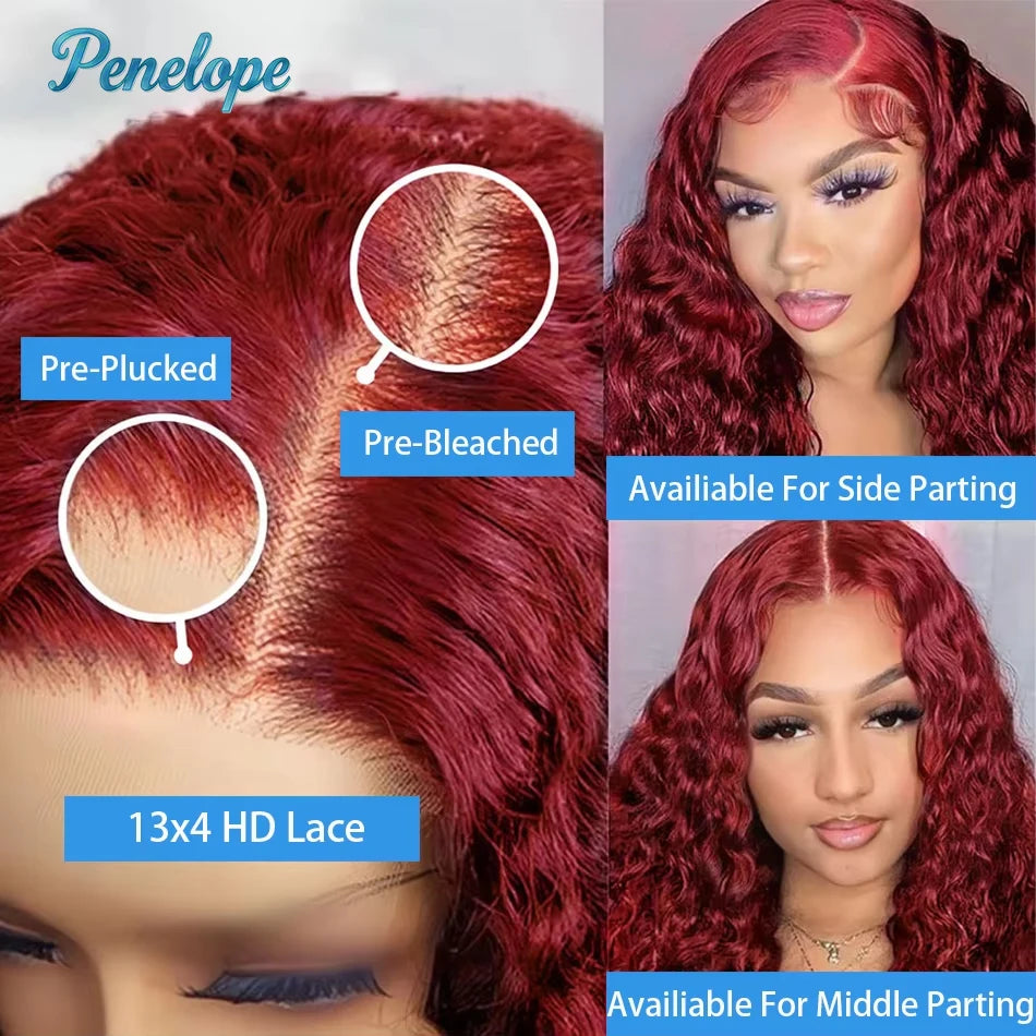 200% Density 99J 13x4 HD Lace Front Human Hair Wigs Burgundy 30 40 Inch Deep Wave Curly Glueless Lace Frontal Closure Wigs