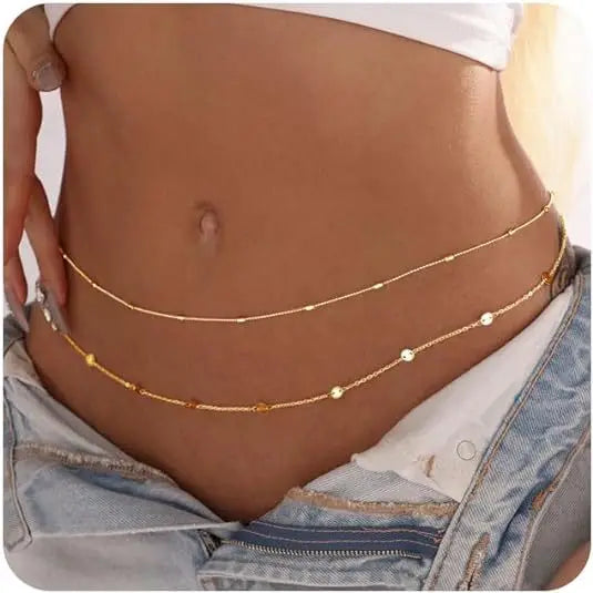 Women Waterproof Body Chain 18K Gold Plated Waist Beads Chain Gold Belly Belt Body Chains  Adjustable Sexy Bikini Beach Jewelry