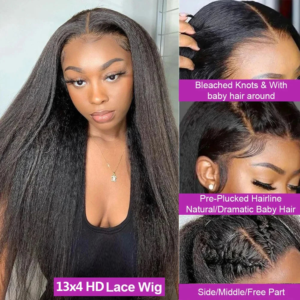 13x6 Kinky Straight HD Lace Front Human Hair Wigs Yaki Straight 360 Full Lace Frontal Wigs For Women Pre Plucked 300 Density