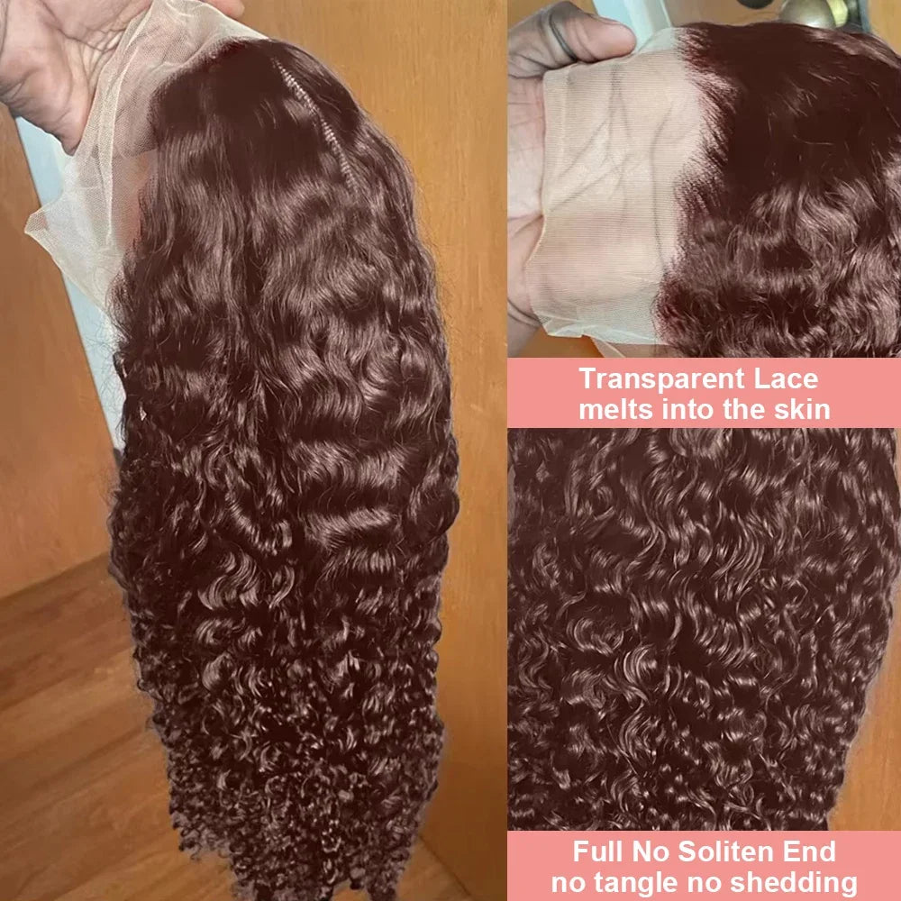 200% Chocolate Brown Deep Wave Human Hair Wig 30 34Inch Transparent Lace Frontal Wigs For Women 13x4 Lace Front  Curly Wigs