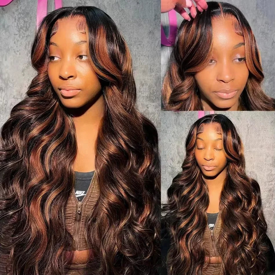 13x4 Ombre Lace Front Wig Human Hair Highlight Human Hair 220% Density 1B/30 Body Wave HD Transparent Lace Frontal Wigs